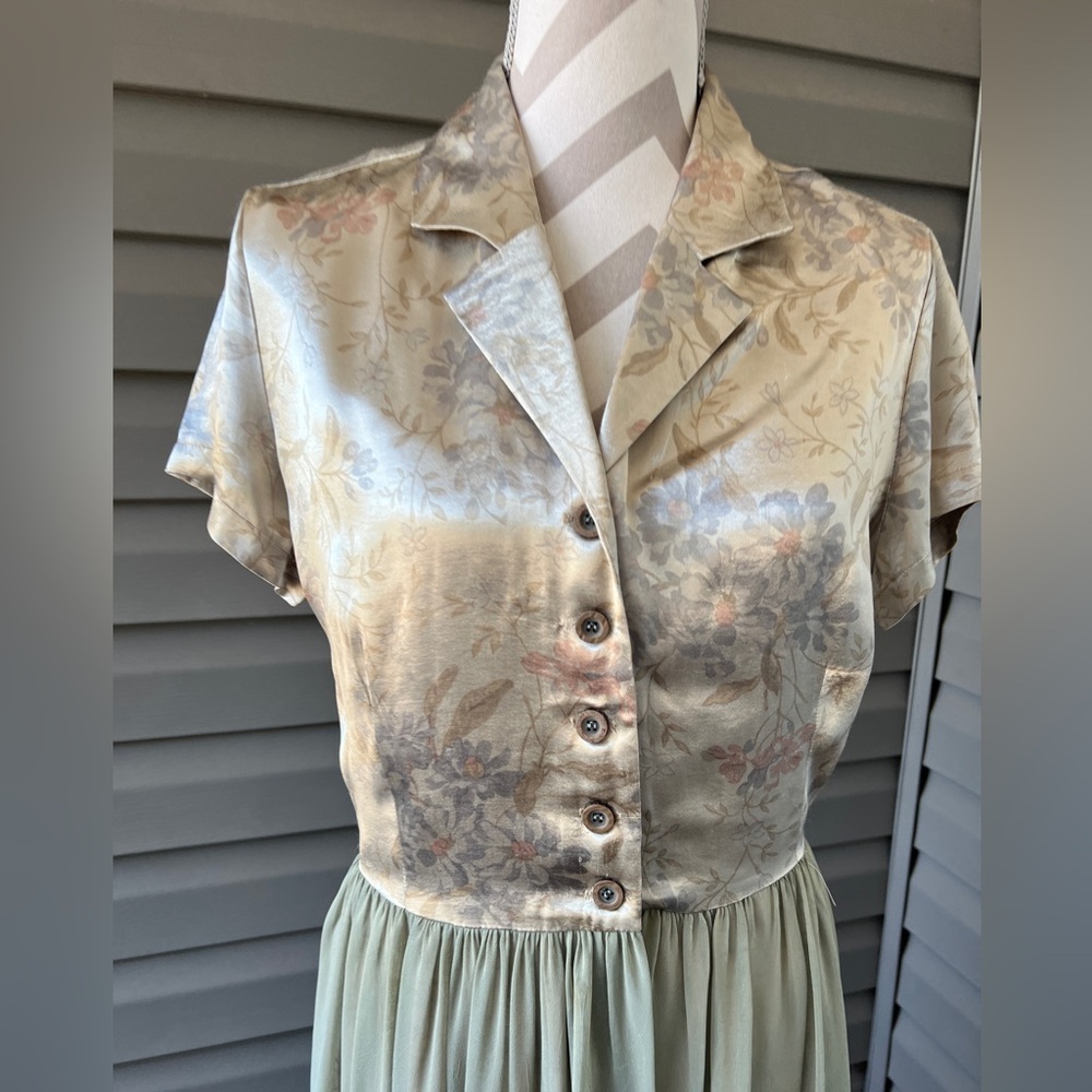 Bonnie Strauss Vintage 80s Satin Button Front Shirt Chiffon Dress With Slip Sz 8 - Picture 2 of 13